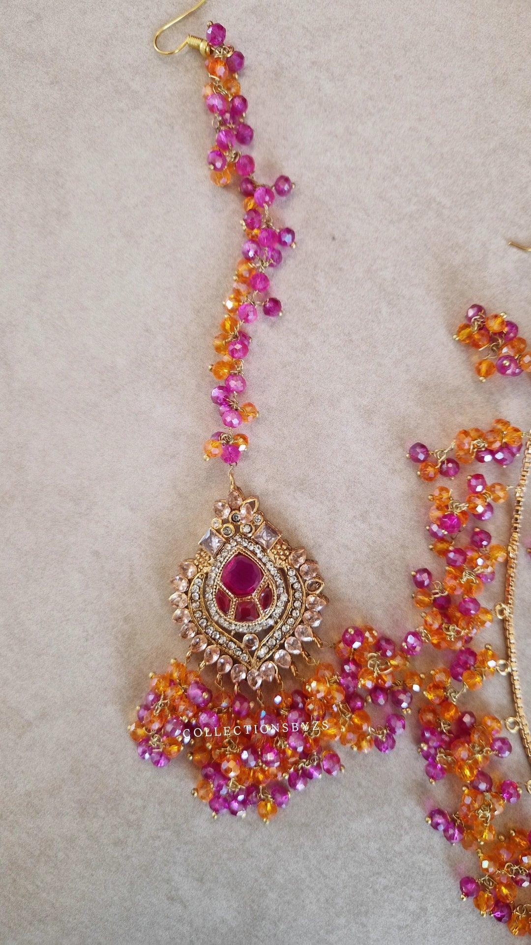 JAAN  -  Luxury Pakistani Intricate Earrings with Sahara's, Tikka, Jhumar Set- PINK & ORANGE