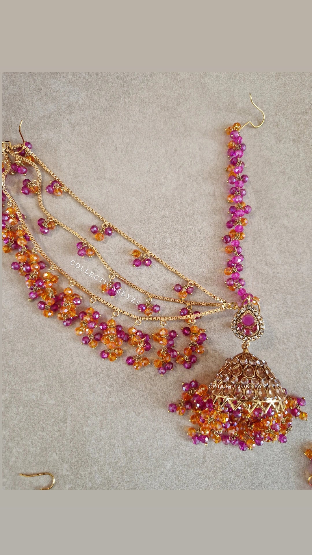 JAAN  -  Luxury Pakistani Intricate Earrings with Sahara's, Tikka, Jhumar Set- PINK & ORANGE