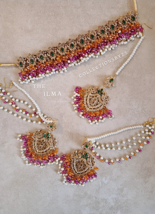 ILMA- Pakistani Choker Set - Mehndi Colours - PINK & ORANGE