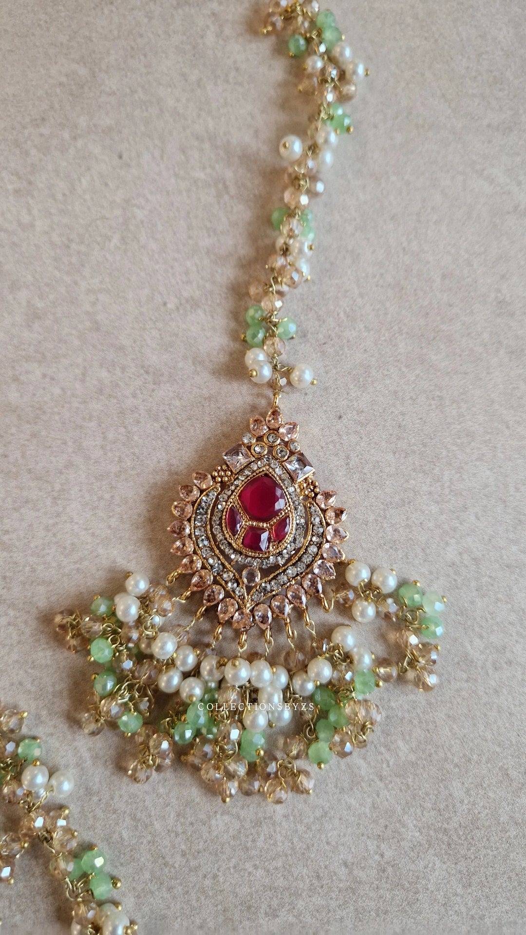 INARA -Pakistani Earrings, Tikka & oversized long Jhumar Set- Light Green and pearl.