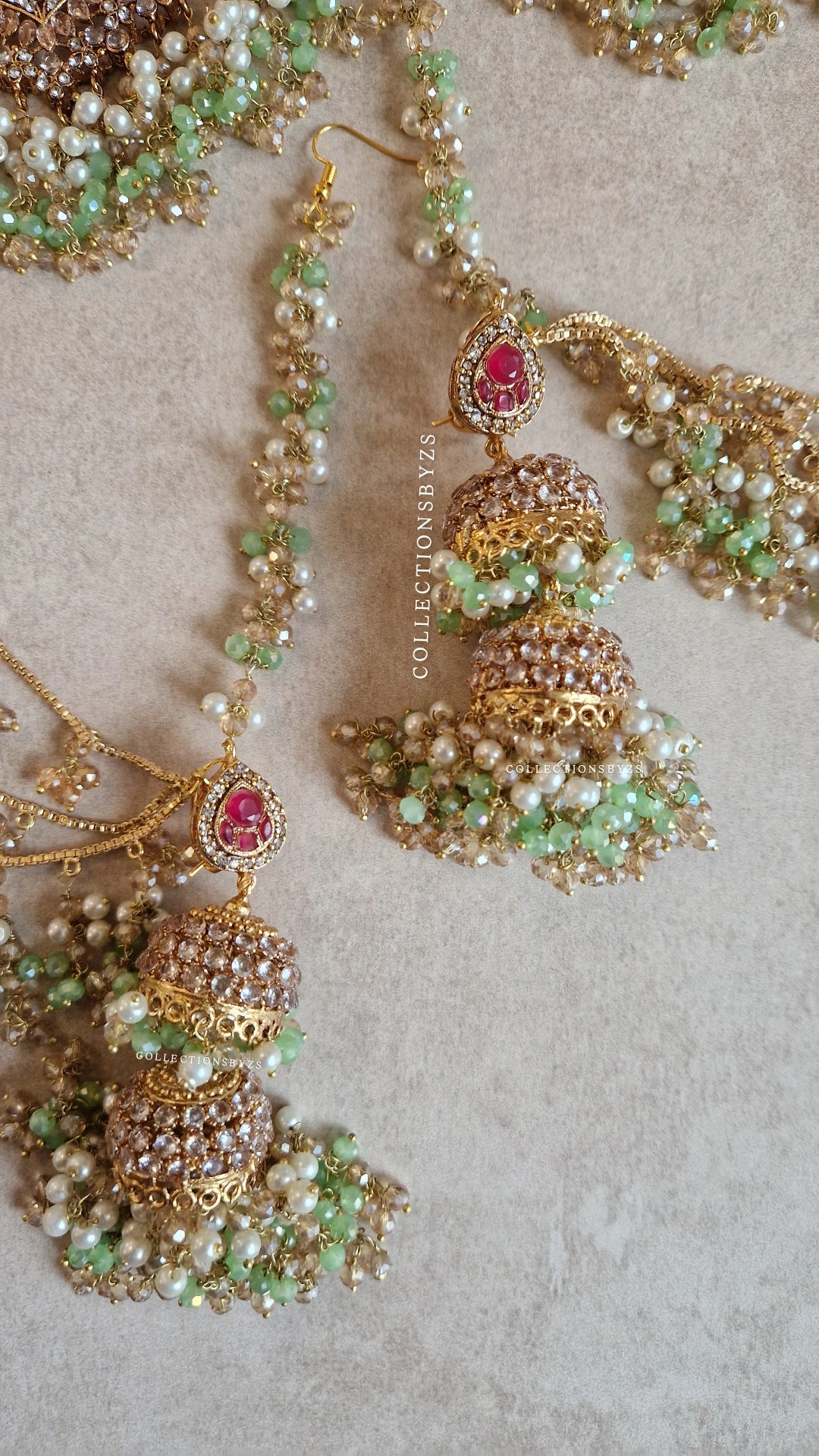 INARA -Pakistani Earrings, Tikka & oversized long Jhumar Set- Light Green and pearl.