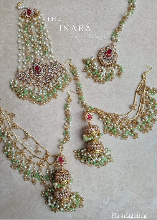 INARA -Pakistani Earrings, Tikka & oversized long Jhumar Set- Light Green and pearl.