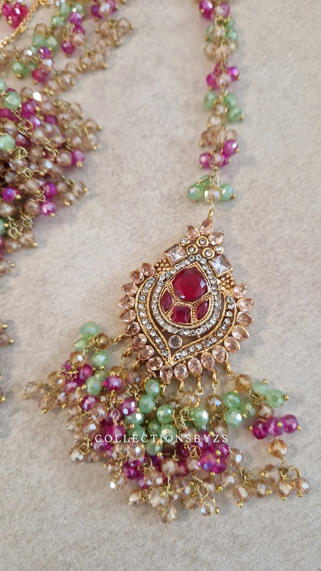 ZAIRAH  -Pakistani Jhumka with Saharas and Tikka Set -  SHOCKING PINK AND GREEN