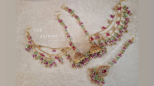 ZAIRAH  -Pakistani Jhumka with Saharas and Tikka Set -  SHOCKING PINK AND GREEN