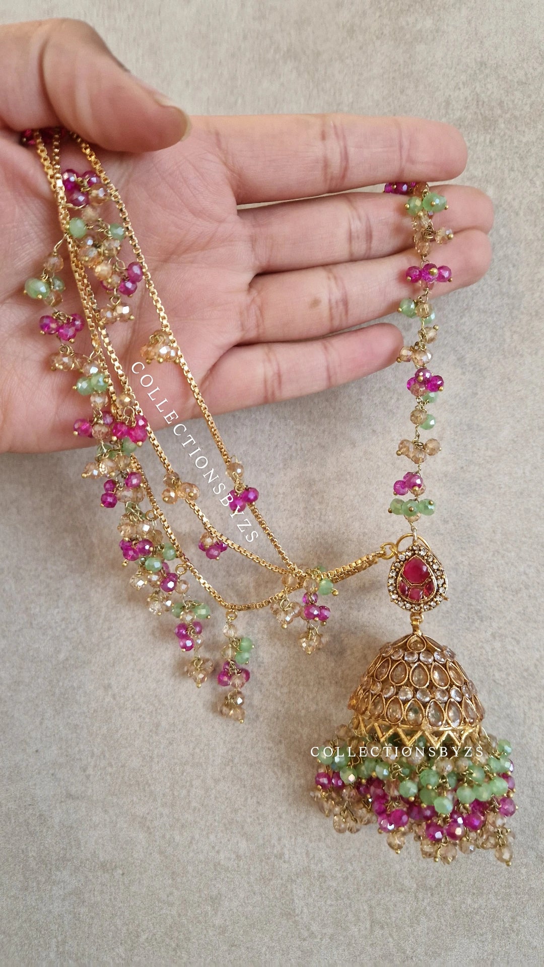 ZAIRAH  -Pakistani Jhumka with Saharas and Tikka Set -  SHOCKING PINK AND GREEN