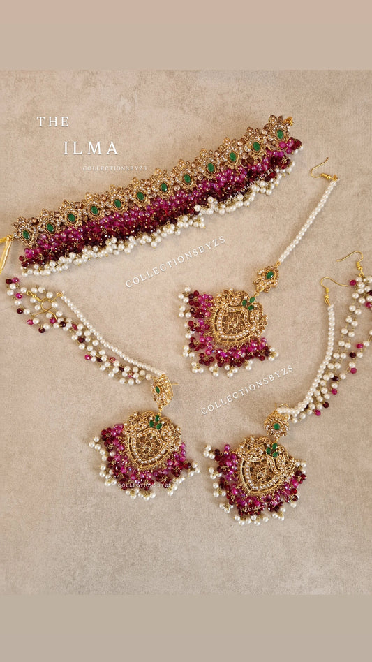ILMA - Luxurious Pakistani Choker Set -  MAROON, PINK AND GREEN
