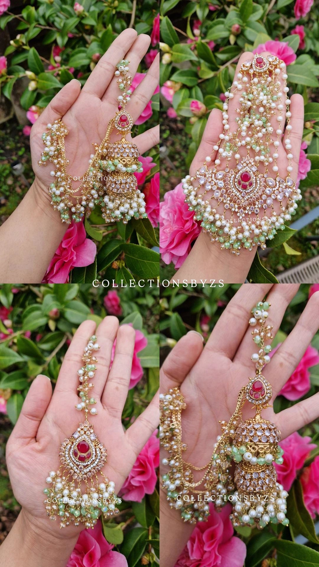 INARA -Pakistani Earrings, Tikka & oversized long Jhumar Set- Light Green and pearl.