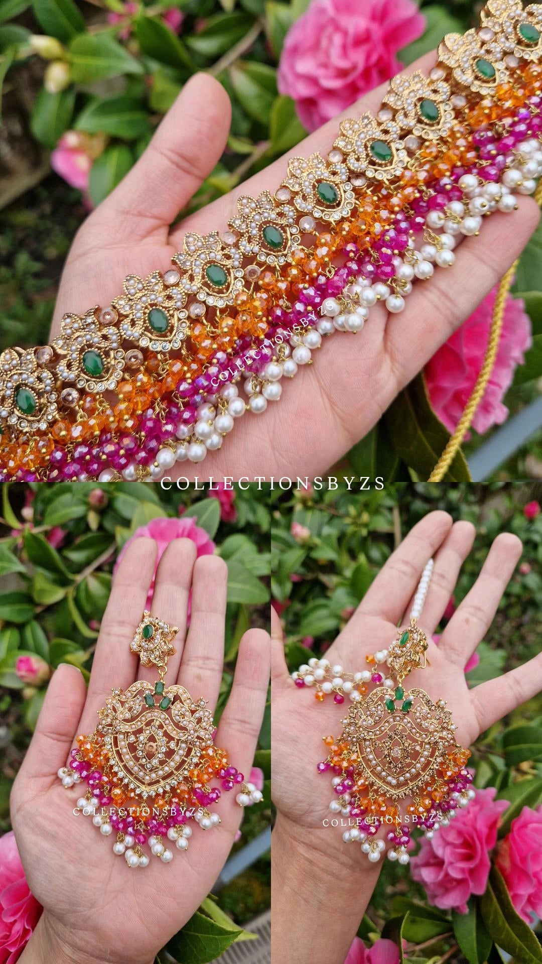 ILMA- Pakistani Choker Set - Mehndi Colours - PINK & ORANGE