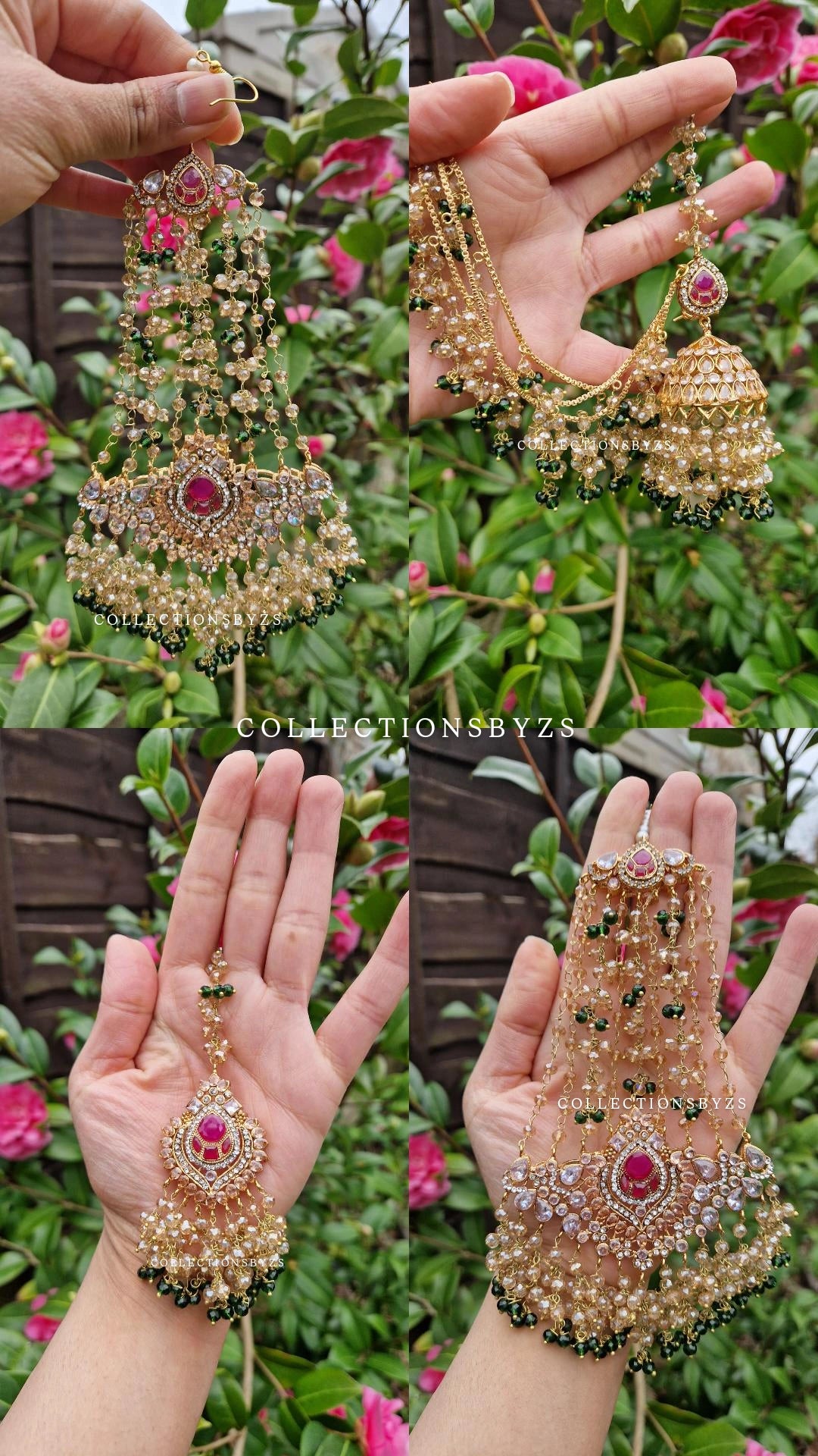JAAN-  Luxury Pakistani Intricate Earrings with Sahara's, Tikka, Jhumar Set- DARK GREEN AND GOLD.