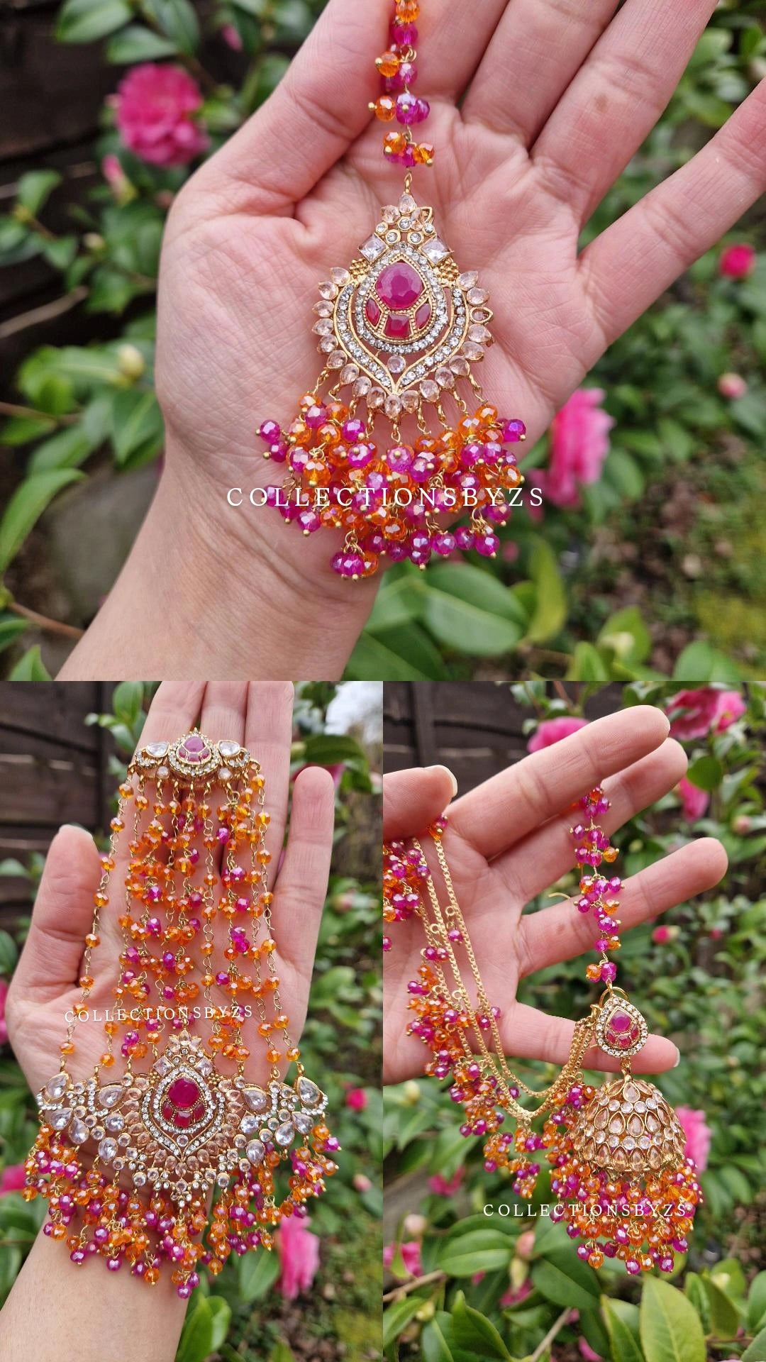 JAAN  -  Luxury Pakistani Intricate Earrings with Sahara's, Tikka, Jhumar Set- PINK & ORANGE