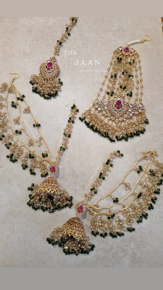 JAAN-  Luxury Pakistani Intricate Earrings with Sahara's, Tikka, Jhumar Set- DARK GREEN AND GOLD.