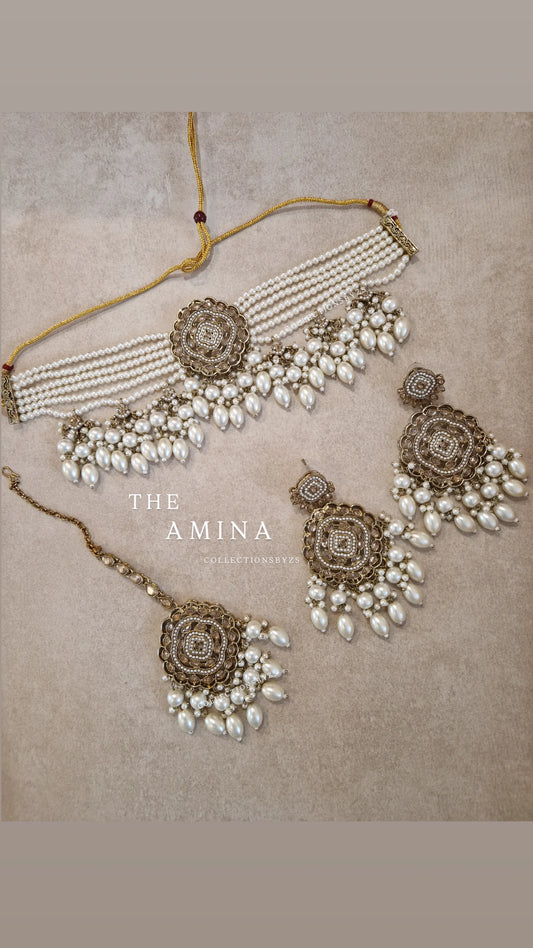 AMINA- CLEARANCE Oversized Indian Choker Set - White and Bronze/Gold