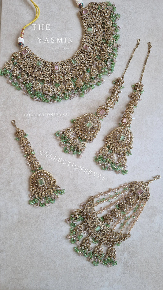 YASMIN - Beautiful Indian Bridal Jewellery Set - GREEN AND BABY PINK