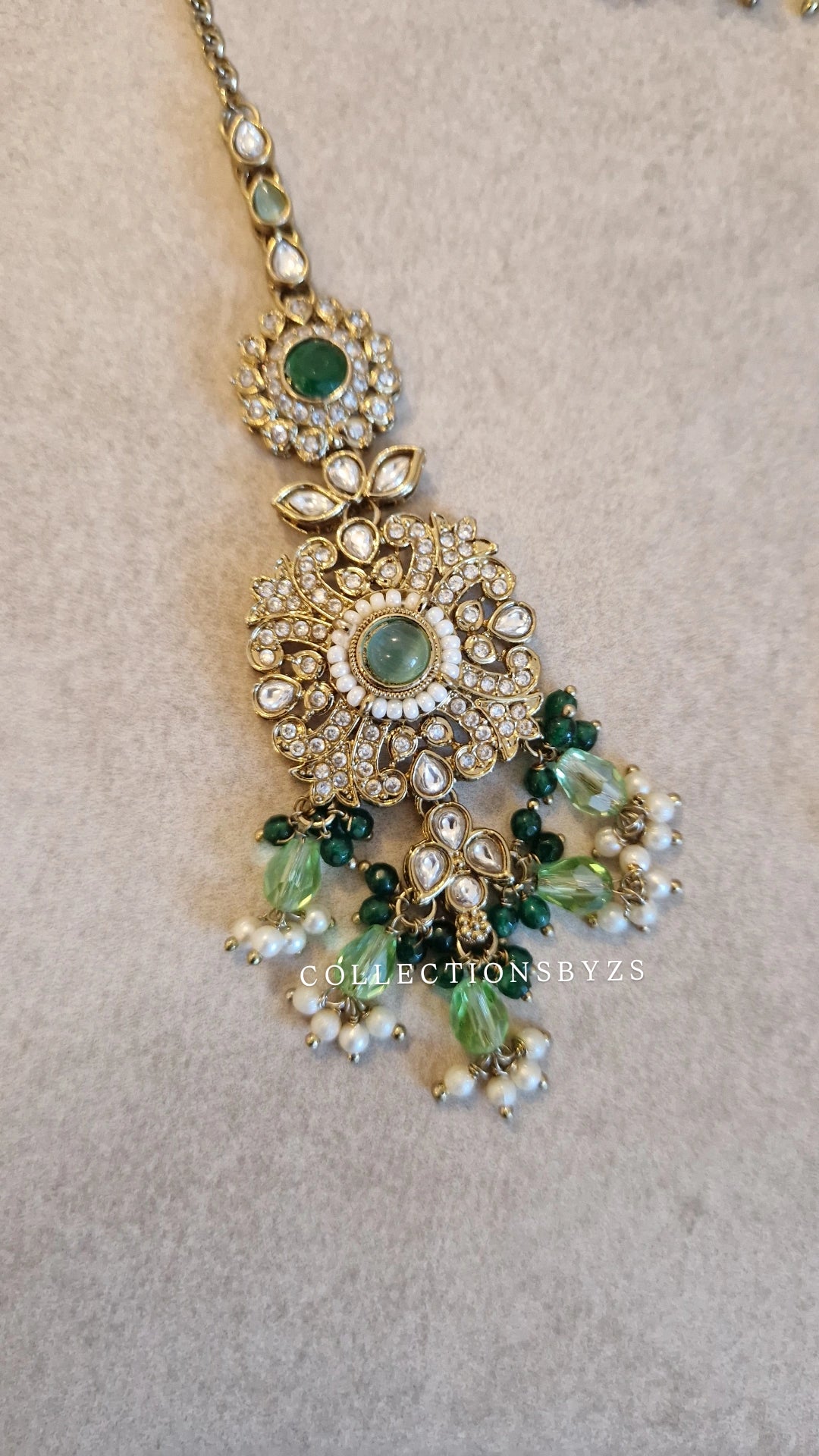 ANISHA- Stunning Kundan Indian Choker Set - Emerald and Light Green