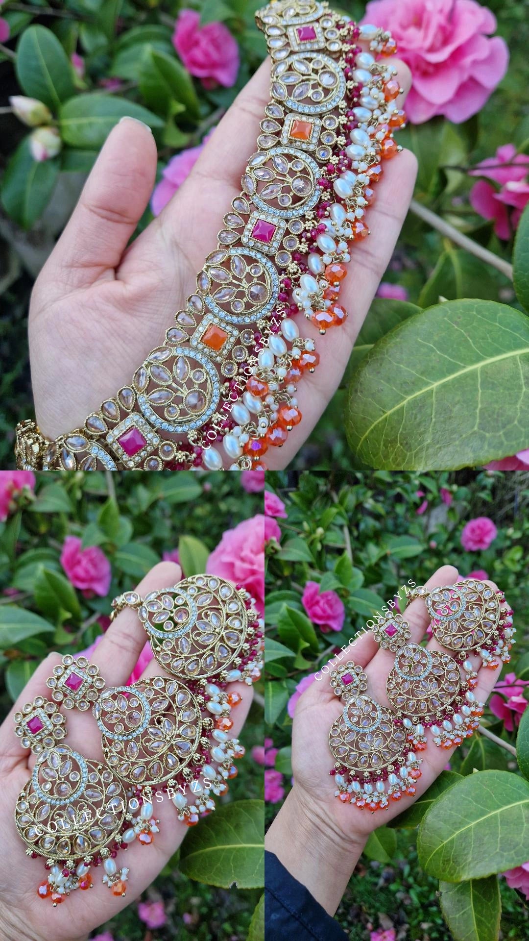 DINA- Elegant Indian Party Jewellery Set - ORANGE & PINK