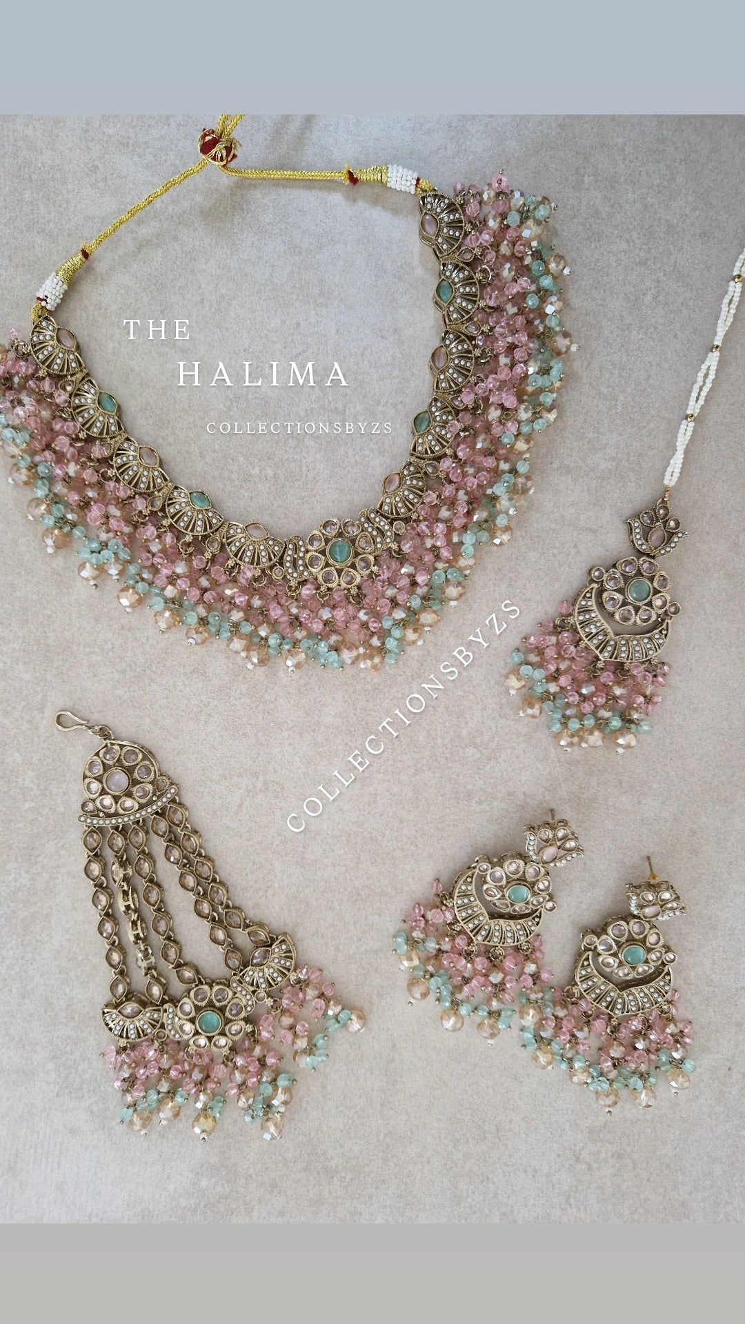 HALIMA - Beautiful Indian 4 piece Necklace Set - Pink & Mint