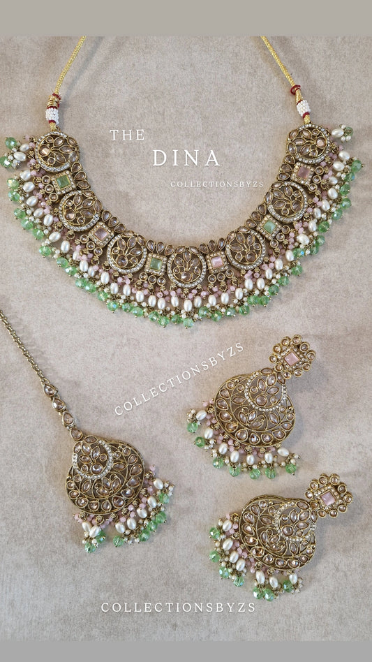 DINA- Elegant Indian Party Jewellery Set - GREEN & PINK