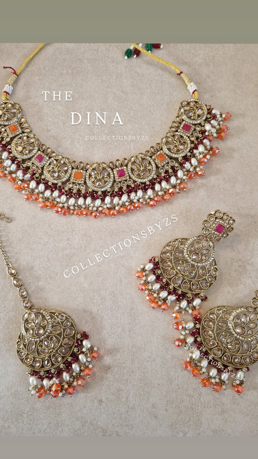 DINA- Elegant Indian Party Jewellery Set - ORANGE & PINK