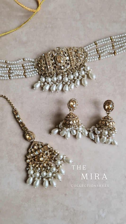 MIRA - Indian Choker Pearl Set - White and Gold