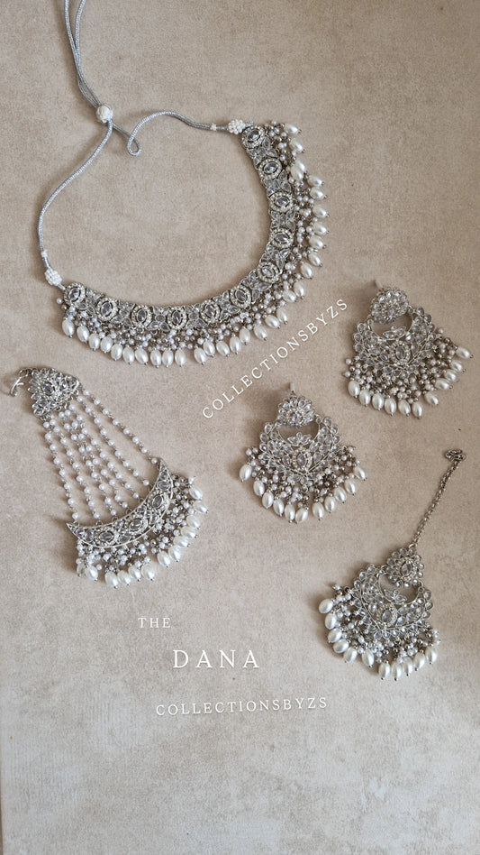 D A N A -  Dainty Elegant Silver Indian Jewellery Set. Tikka, Earrings, Passa & Necklace
