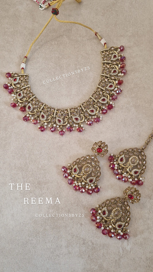REEMA- Stunning Indian Reverse AD Jewellery Set- RED