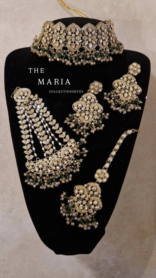 MARIA - Indian Choker Set-  Choker, Earrings, Tikka & Passa (Jhumar)- DARK GREEN