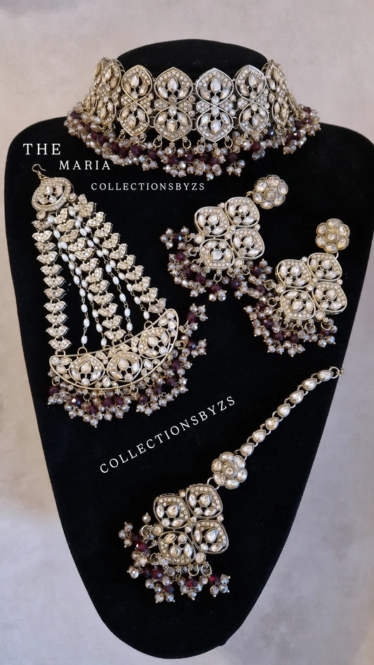 MARIA - Indian Choker Set-  Choker, Earrings, Tikka & Passa (Jhumar)- MAROON.