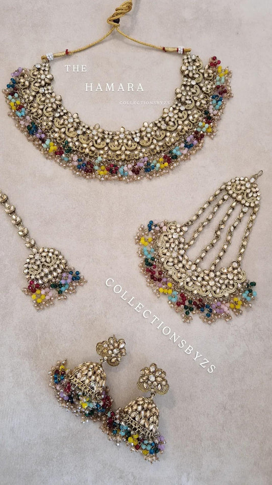 HAMARA- Beautiful Indian Party Wear Set. Necklace, Earrings, Tikka & Jhumar (Passa) - MULTICOLOURED - LAUNCH OFFER