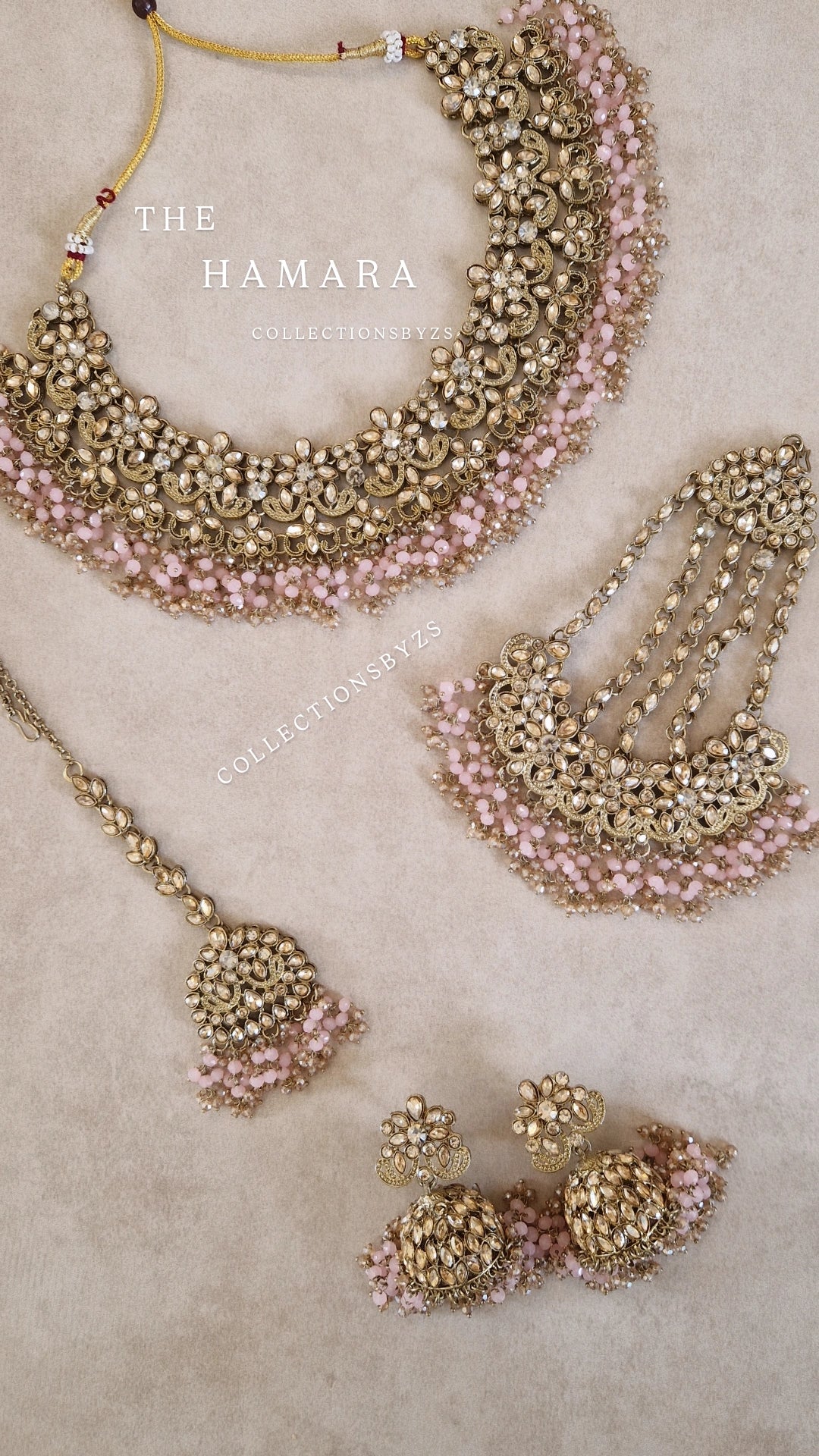 HAMARA- Beautiful Indian Party Wear Set. Necklace, Earrings, Tikka & Jhumar (Passa) - BABY PINK