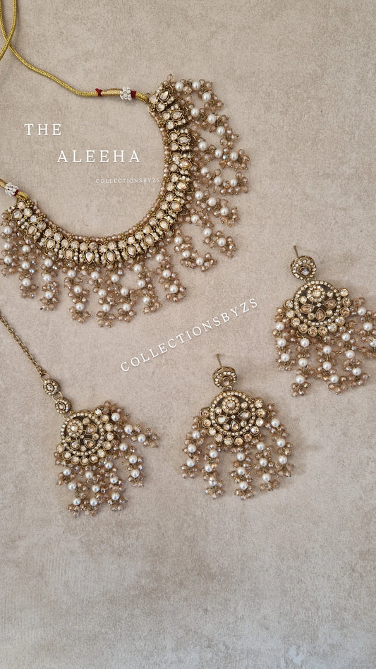 ALEEHA - Stunning Golden Elegant Pearl Indian Jewellery Set