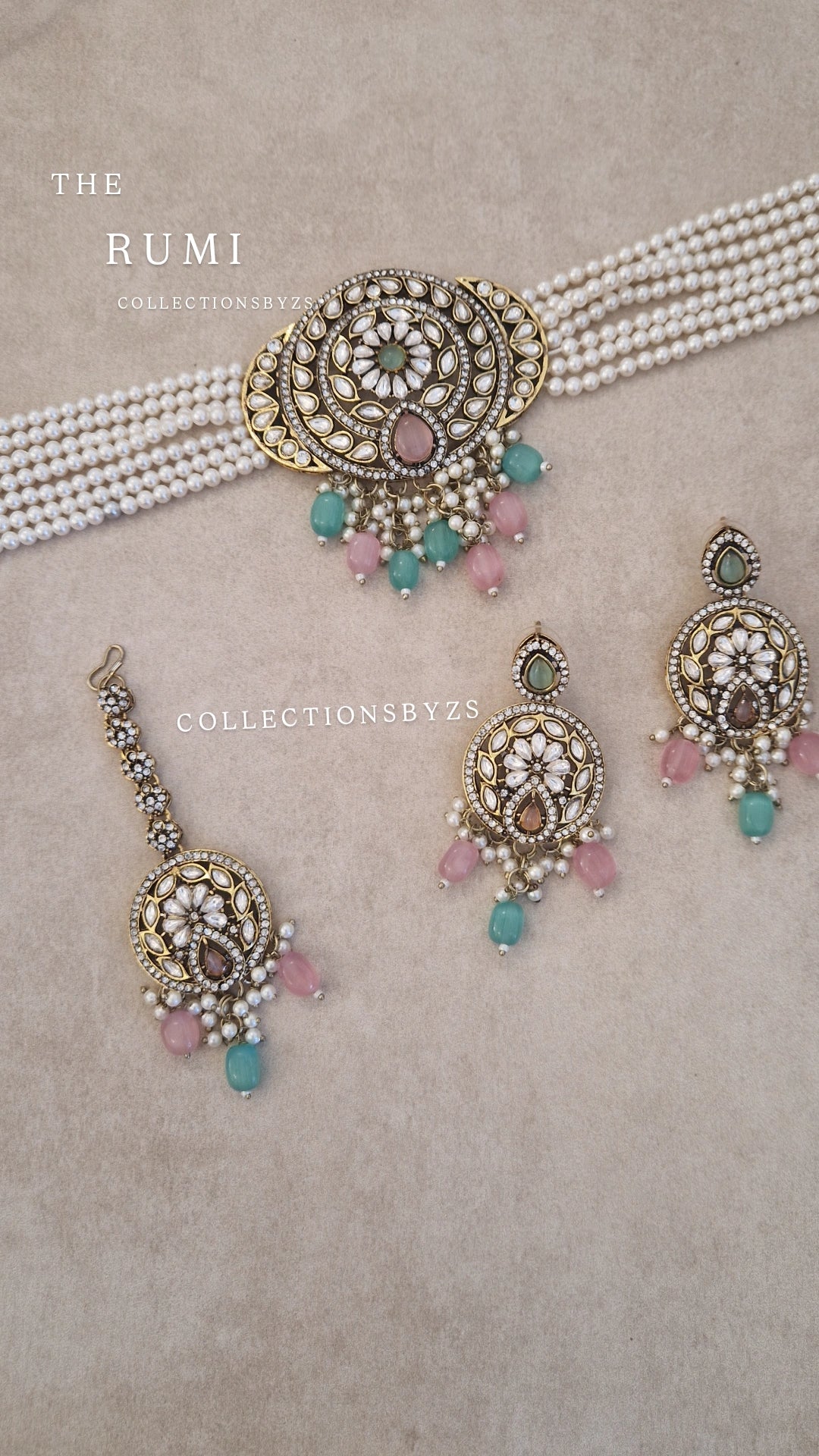RUMI- Indian Victorian Polish Choker Set- MINT & PINK