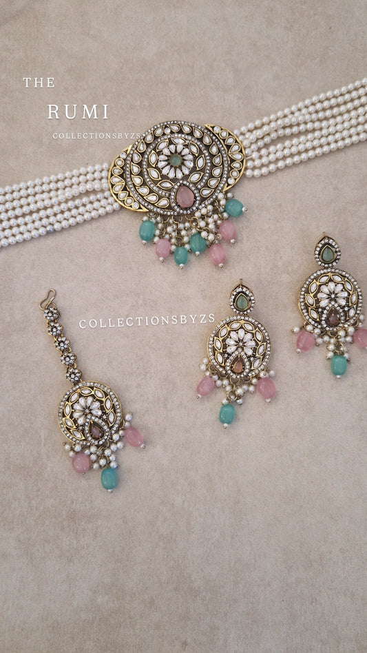 RUMI- Indian Victorian Polish Choker Set- MINT & PINK