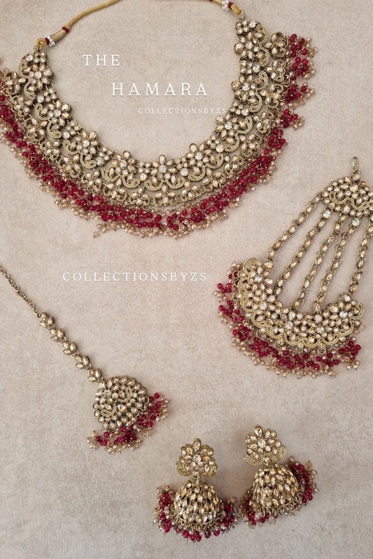 HAMARA- Beautiful Indian Party Wear Set. Necklace, Earrings, Tikka & Jhumar (Passa) - BOLD PINK