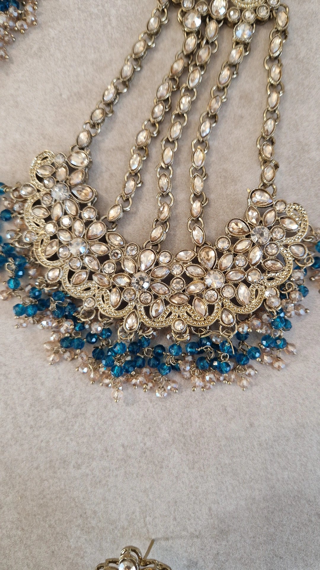 HAMARA- TEAL (NOT BLUE) Beautiful Indian Party Wear Set. Necklace, Earrings, Tikka & Jhumar (Passa) - TEAL ZINC
