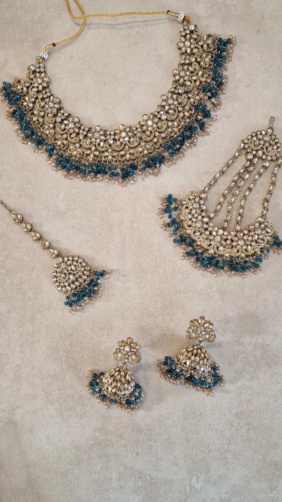 HAMARA- TEAL (NOT BLUE) Beautiful Indian Party Wear Set. Necklace, Earrings, Tikka & Jhumar (Passa) - TEAL ZINC