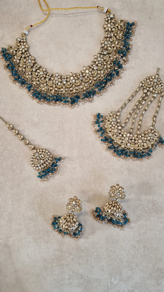 HAMARA- TEAL (NOT BLUE) Beautiful Indian Party Wear Set. Necklace, Earrings, Tikka & Jhumar (Passa) - TEAL ZINC