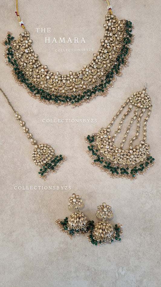 HAMARA- Beautiful Indian Party Wear Set. Necklace, Earrings, Tikka & Jhumar (Passa) - GREEN