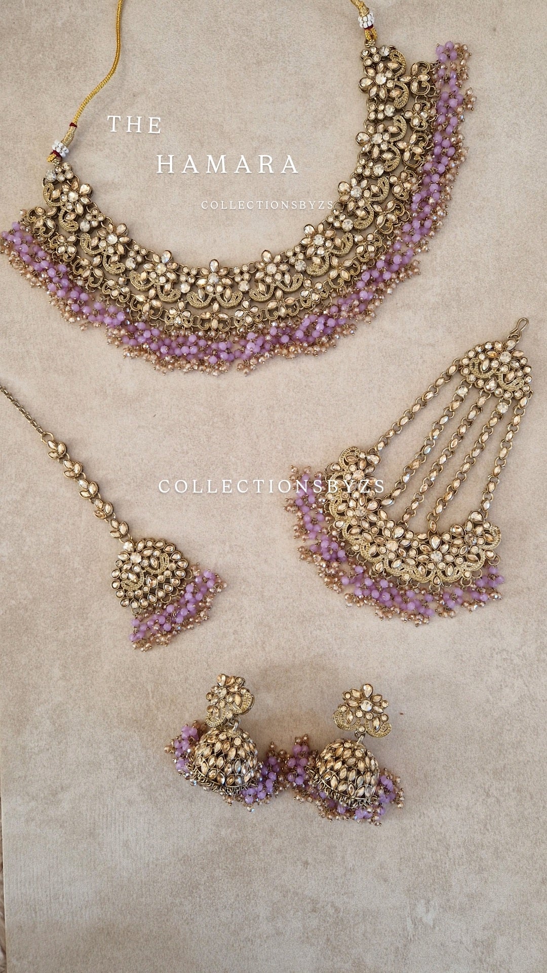 HAMARA- Beautiful Indian Party Wear Set. Necklace, Earrings, Tikka & Jhumar (Passa) - LILAC
