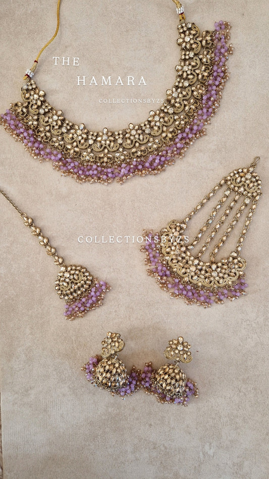 HAMARA- Beautiful Indian Party Wear Set. Necklace, Earrings, Tikka & Jhumar (Passa) - LILAC