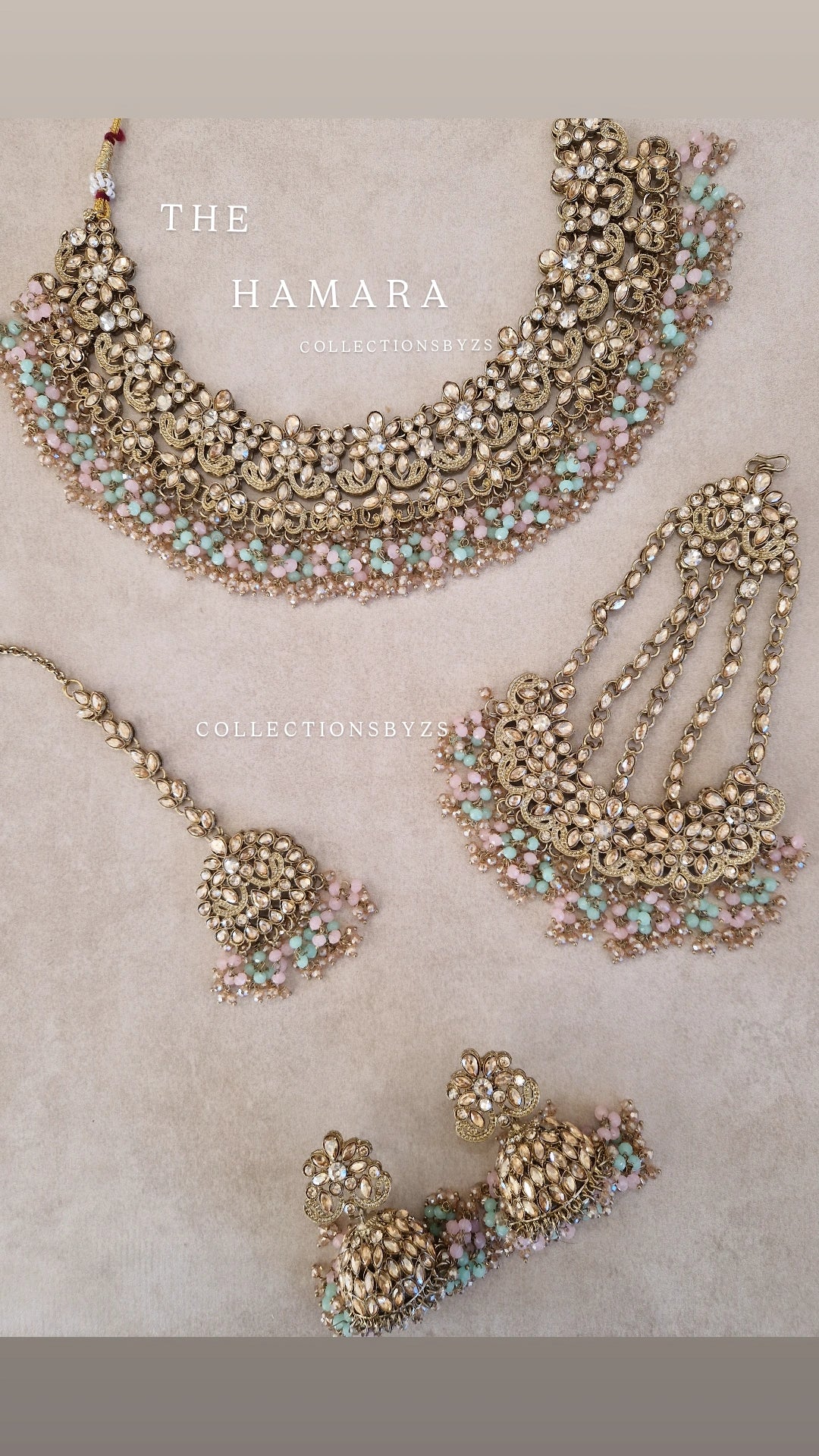 HAMARA- Beautiful Indian Party Wear Set. Necklace, Earrings, Tikka & Jhumar (Passa) - MINT & BABY PINK