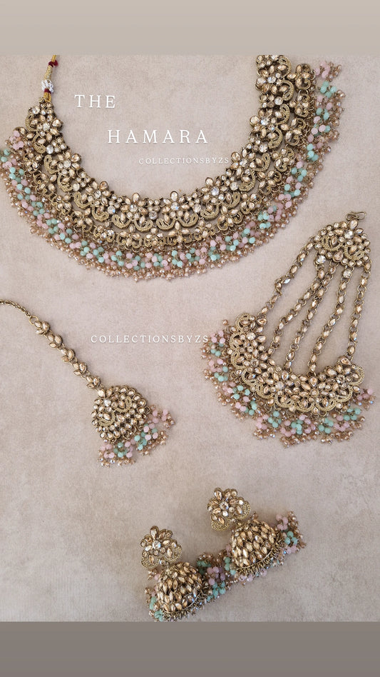 HAMARA- Beautiful Indian Party Wear Set. Necklace, Earrings, Tikka & Jhumar (Passa) - MINT & BABY PINK