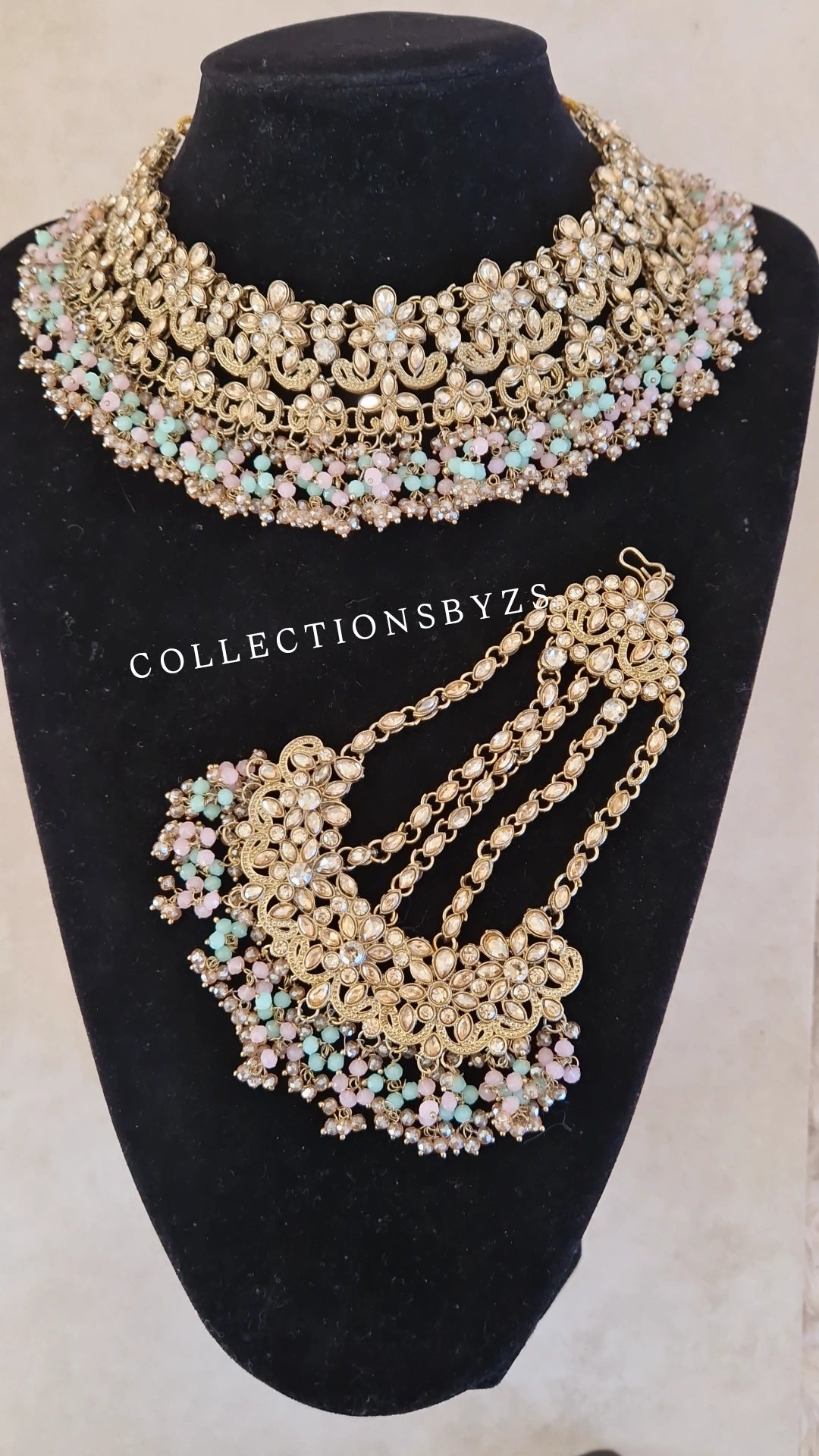 HAMARA- Beautiful Indian Party Wear Set. Necklace, Earrings, Tikka & Jhumar (Passa) - MINT & BABY PINK