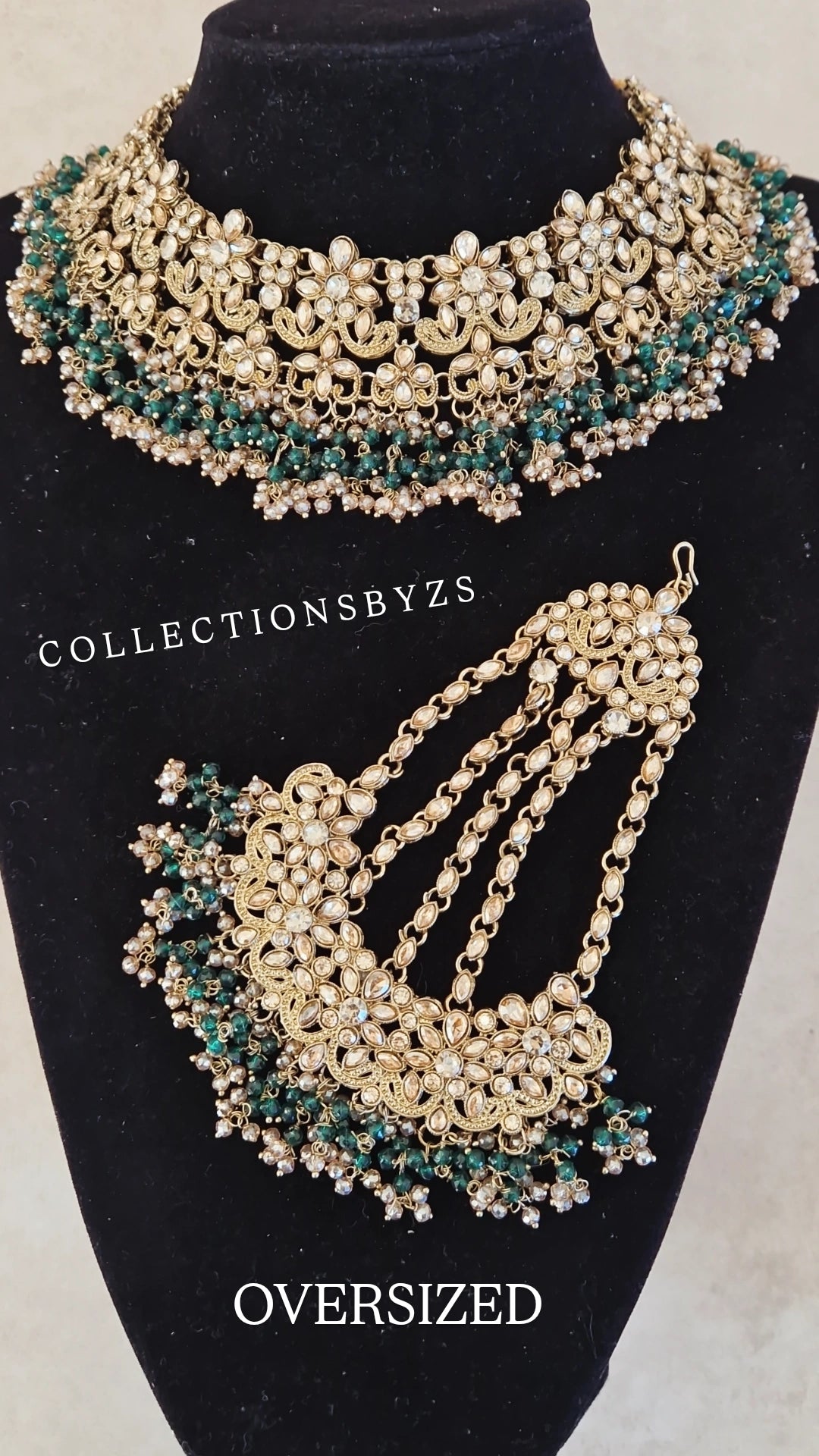 HAMARA- Beautiful Indian Party Wear Set. Necklace, Earrings, Tikka & Jhumar (Passa) - GREEN