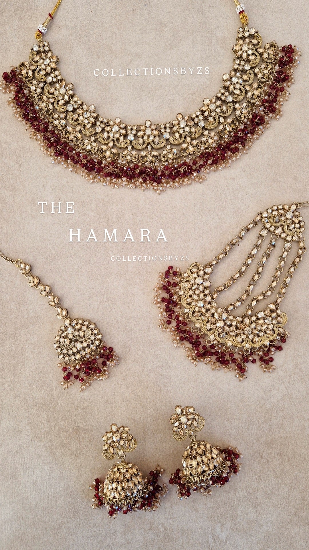 HAMARA- Beautiful Indian Party Wear Set. Necklace, Earrings, Tikka & Jhumar (Passa) - MAROON