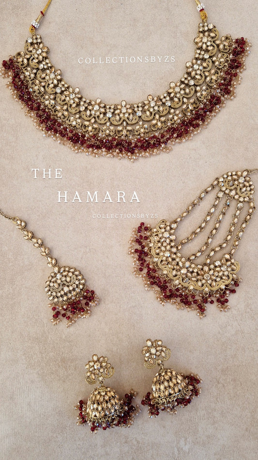 HAMARA- Beautiful Indian Party Wear Set. Necklace, Earrings, Tikka & Jhumar (Passa) - MAROON