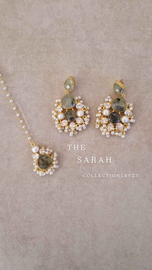 SARAH- Small Beautiful Elegant Premium Mother of Pearl Earrings and Tikka Set
