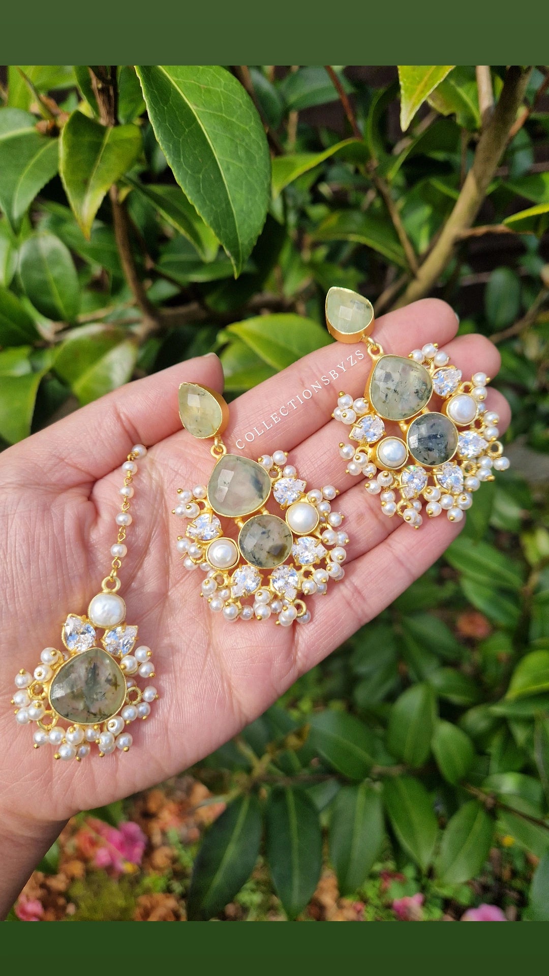 SARAH- Small Beautiful Elegant Premium Mother of Pearl Earrings and Tikka Set