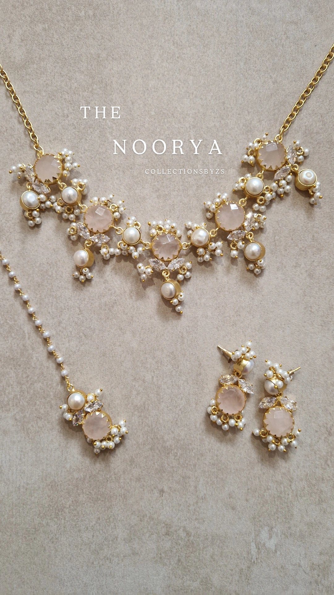 NOORYA-  Small Beautiful Elegant Premium Fresh water Pearls Set and Rose Quartz.