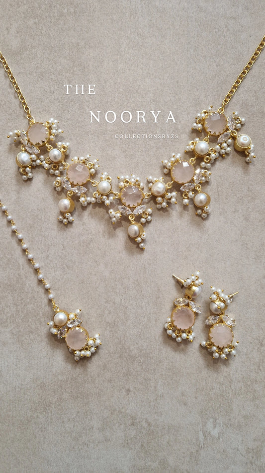 NOORYA-  Small Beautiful Elegant Premium Fresh water Pearls Set and Rose Quartz.