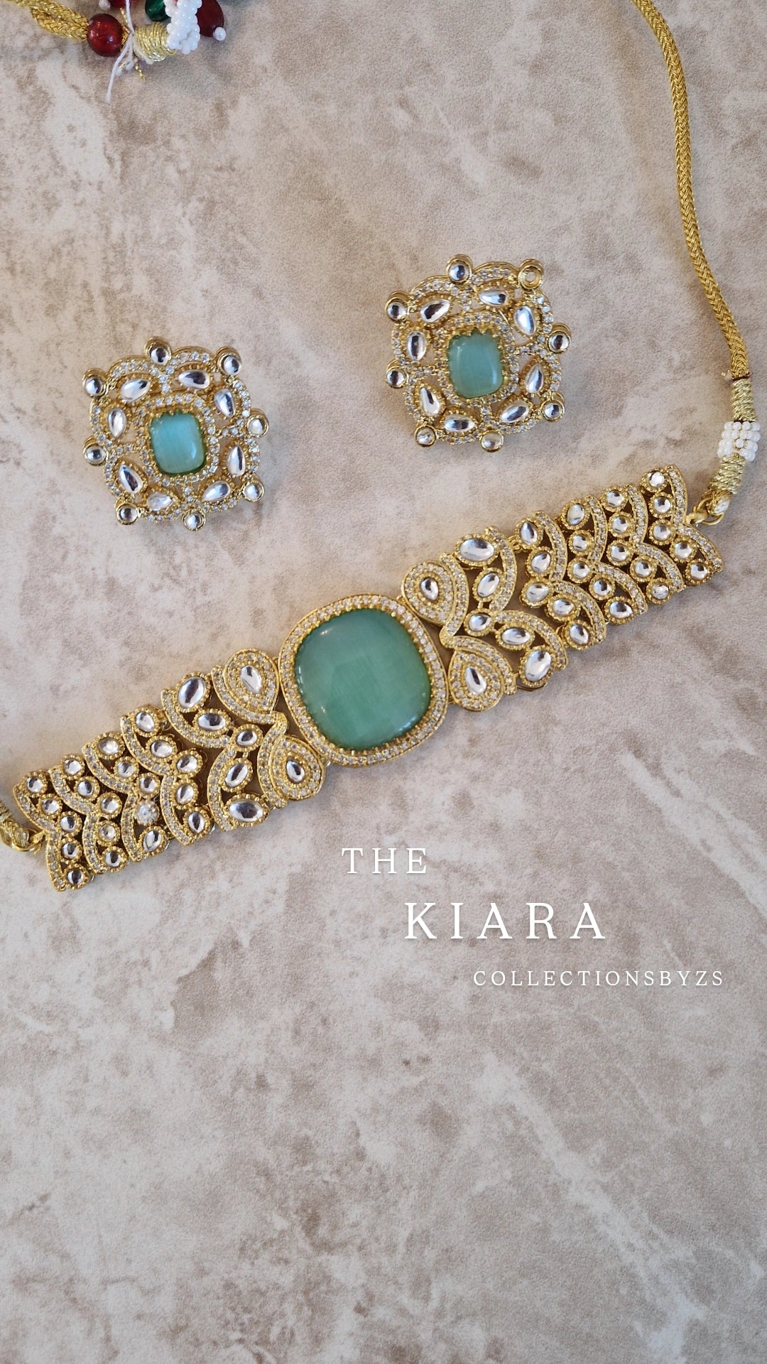 Elegant Indian Kundan Inspired Choker Set - Mint ( Yellow golden polish finish)